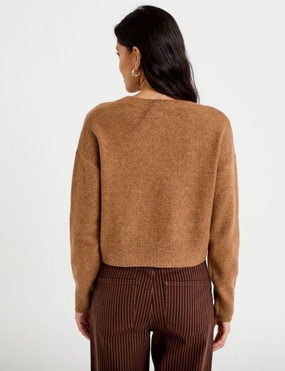 Gilet col rond manches longues avec lien camel femme