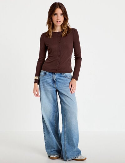 Gilet ajust&eacute; col rond manches longues marron fonc&eacute; femme