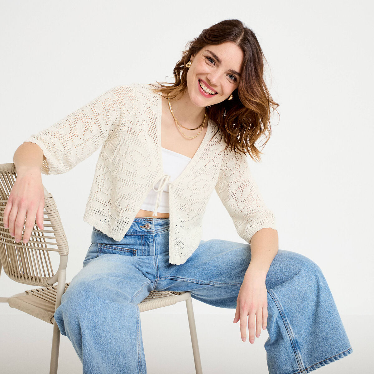 Gilet col v manches 3/4 aspect dentelle ecru femme