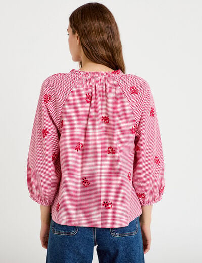 Blouse col v manches 3/4 broderie rouge femme