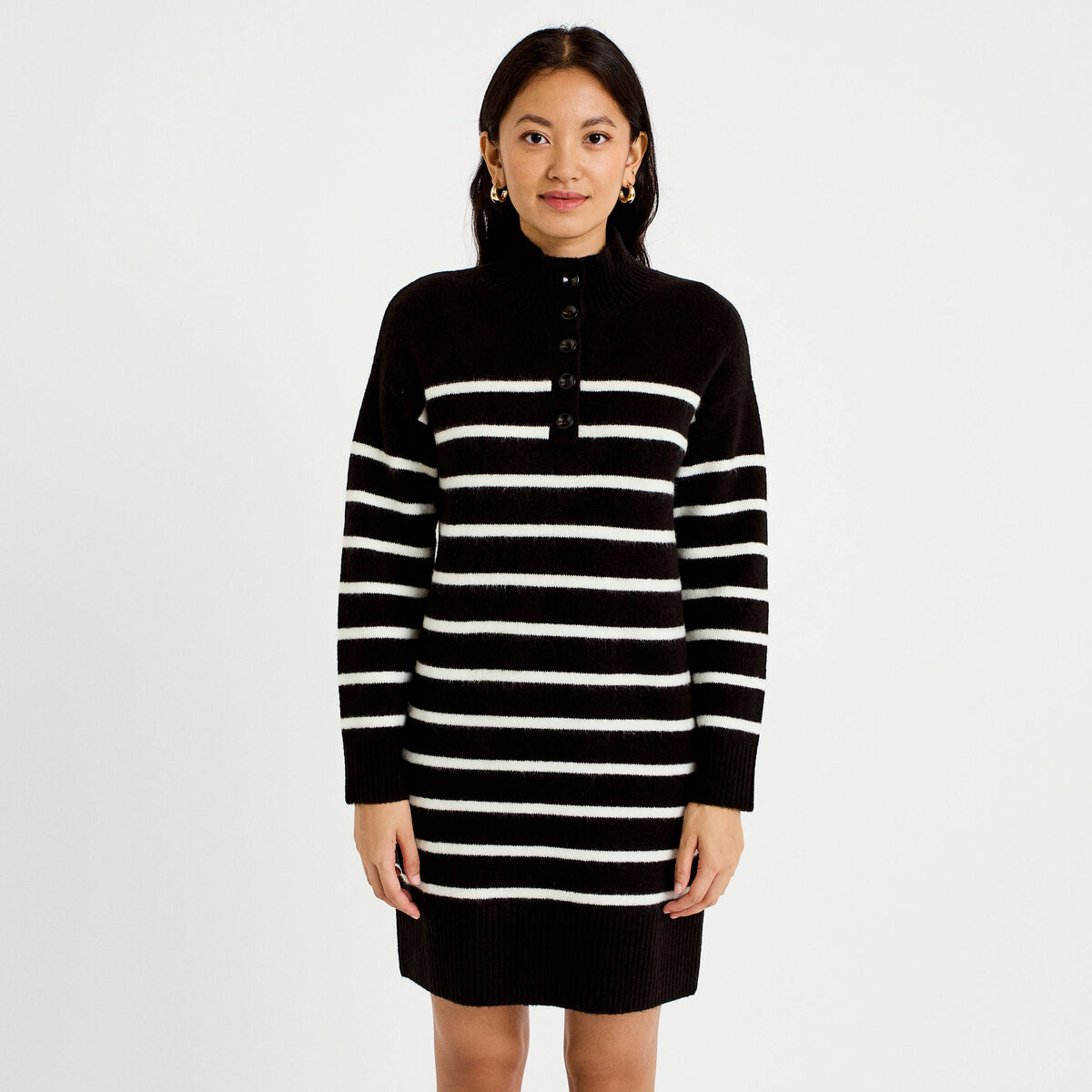 Robe pull droite manches longues 3/4 noir femme