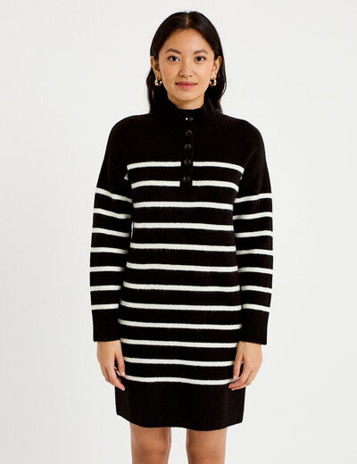 Robe pull droite manches longues 3/4 noir femme