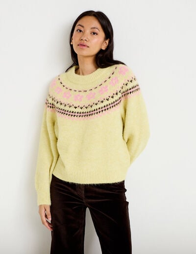 Pull col rond manches longues jaune clair femme