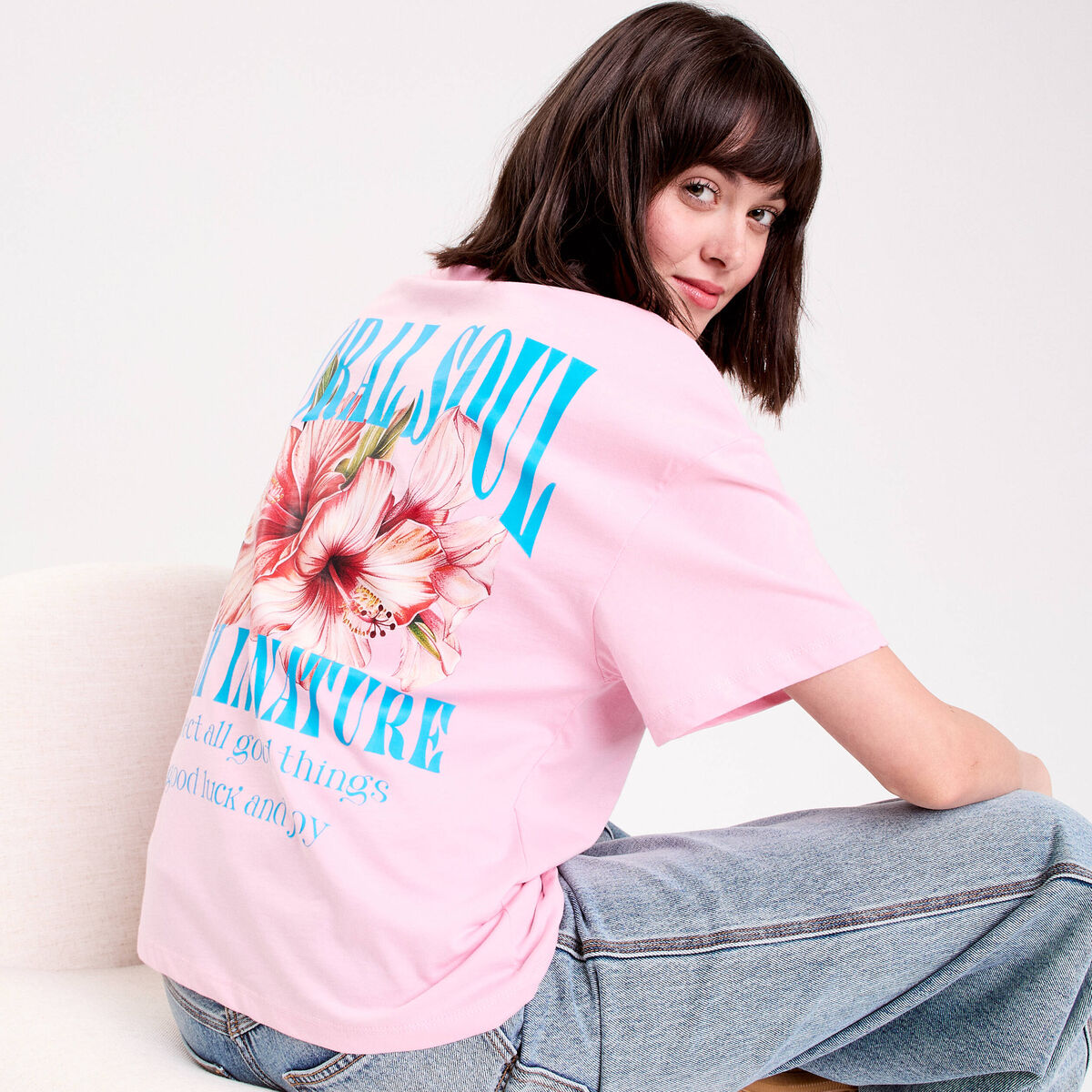 Top oversize manches courtes longues rose poudr&eacute;e femme