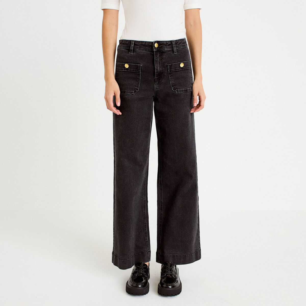 Jean wide leg cropped taille haute denim noir femme