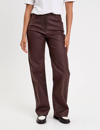Pantalon droit enduit marron fonc&eacute; femme