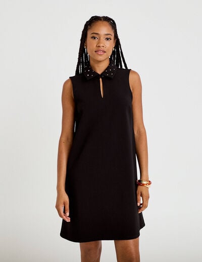 Robe droite courte col chemise clout&eacute;e noir femme