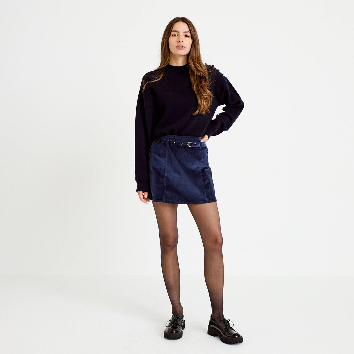 Jupe-short &eacute;vas&eacute;e velours ceinture bleu marine femme