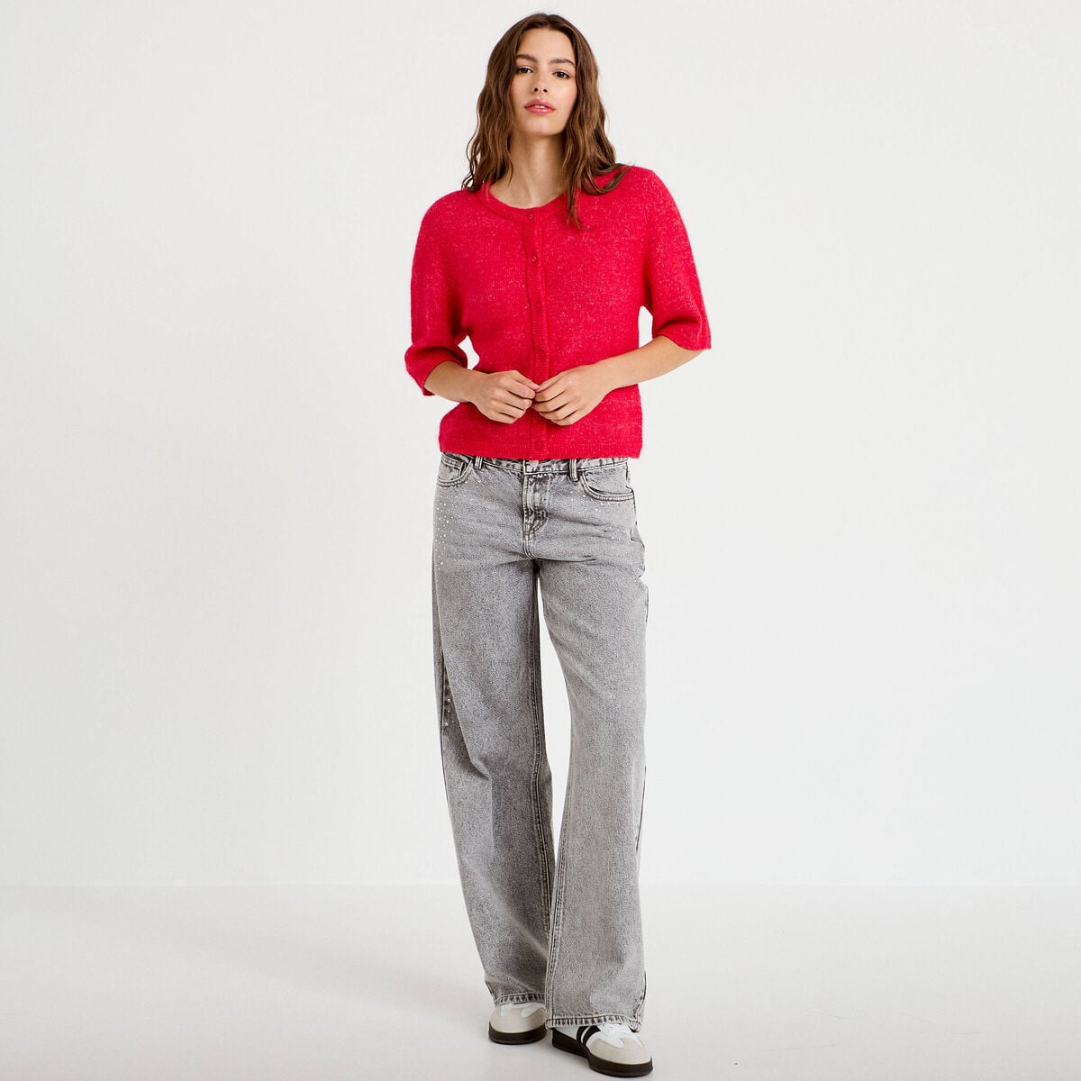 Gilet duveteux manches 3/4 rouge femme