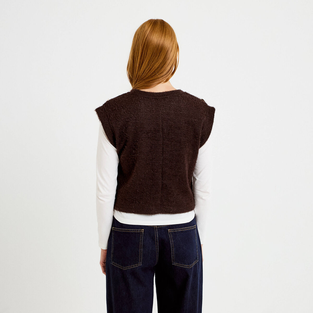 Pull 2-en-1 manches longues col rond marron fonc&eacute; femme
