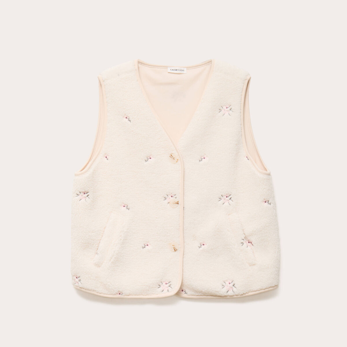 Gilet sans manches brod&eacute; effet polaire blanc femme