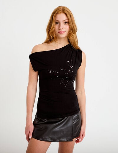 Top ajust&eacute; sans manches col bateau noir femme
