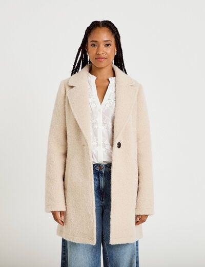 Manteau droit mi-long bouclettes beige femme