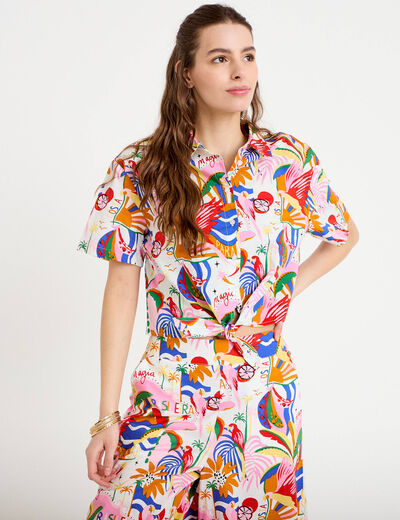 Chemise droite cropped col am&eacute;ricain blanc femme