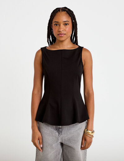 Top p&eacute;plum sans manches col rond noir femme