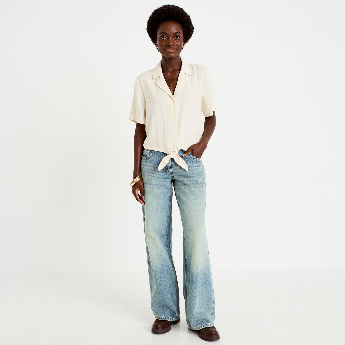 Chemise droite pliss&eacute;e manches courtes ecru femme