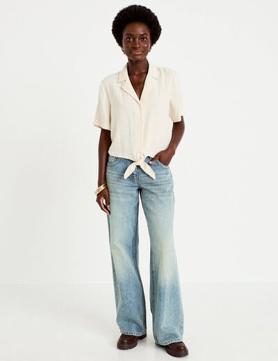Chemise droite pliss&eacute;e manches courtes ecru femme