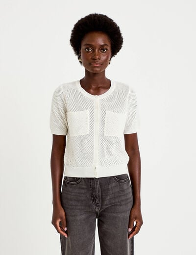 Gilet ajour&eacute; col rond manches courtes ecru femme