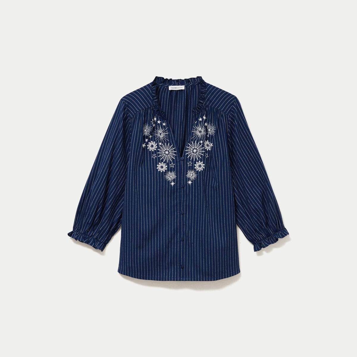 Blouse ample broderie manches 3/4 bleu femme