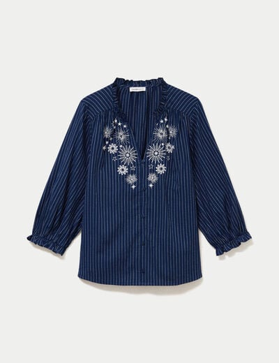 Blouse ample broderie manches 3/4 bleu femme
