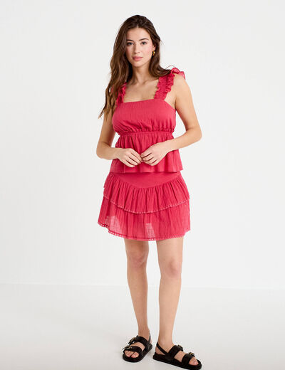 Top pliss&eacute; col carr&eacute; fines bretelles rose framboise femme