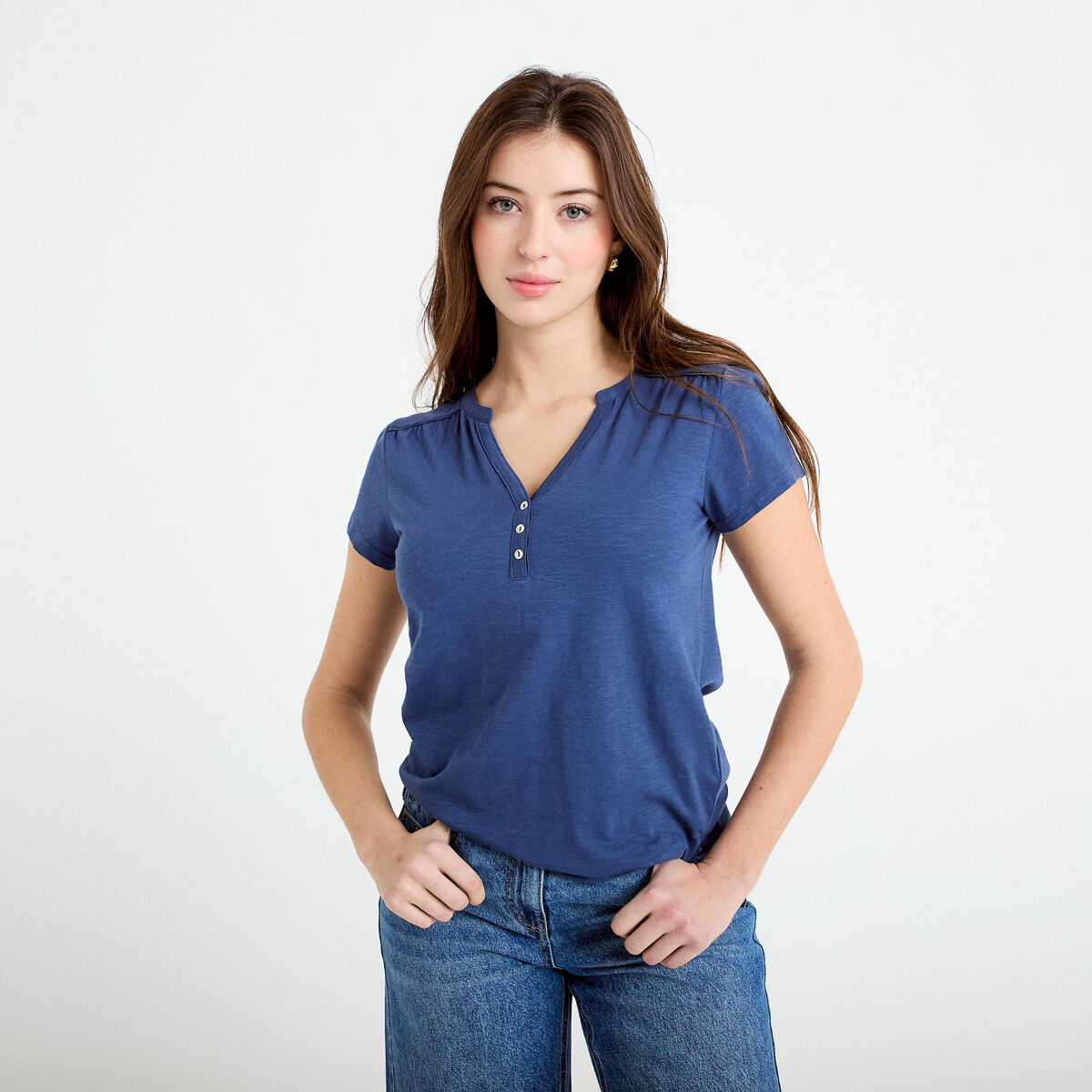 T-shirt boutonn&eacute; sur le devant bleu fonc&eacute; femme