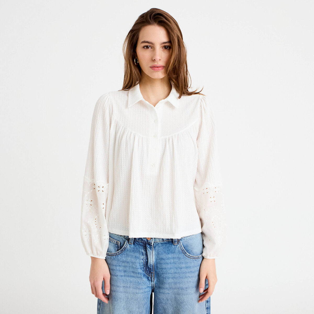 Blouse manches longues broderie ecru femme