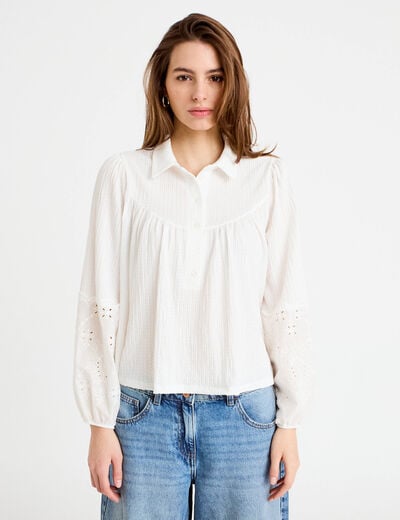 Blouse manches longues broderie ecru femme