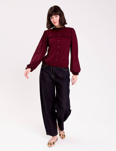 Blouse d&eacute;tails volants violet fonc&eacute; femme