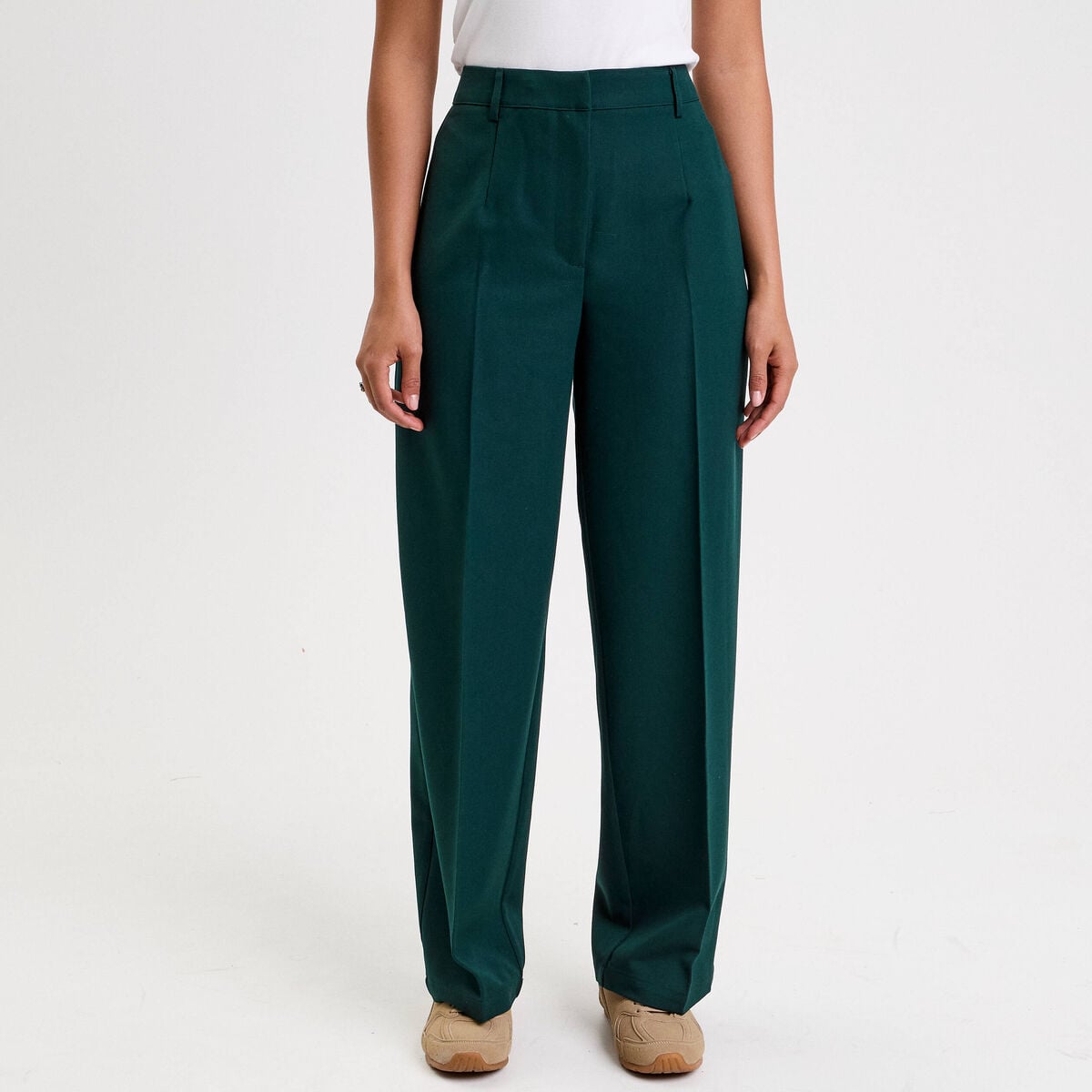 Pantalon large taille haute vert fonc&eacute; femme