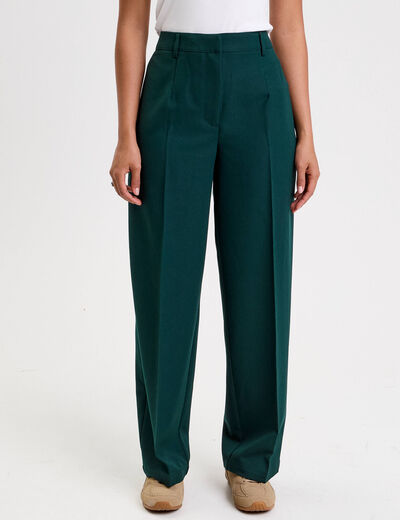 Pantalon large taille haute vert fonc&eacute; femme