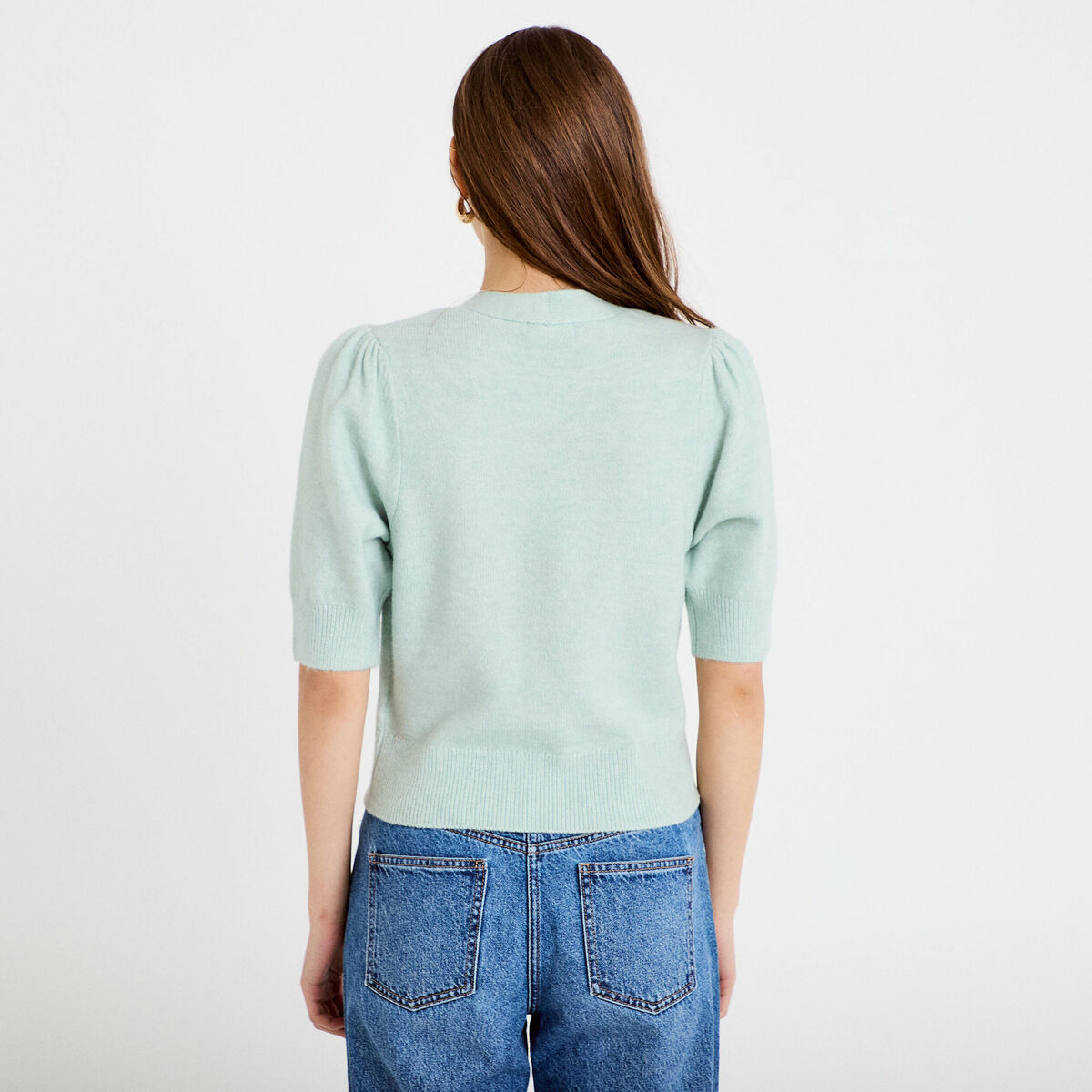 Pull manches courtes boutons brod&eacute;s vert pastel femme