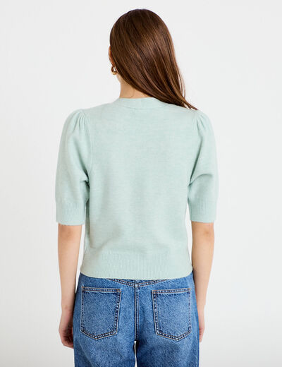 Pull manches courtes boutons brod&eacute;s vert pastel femme