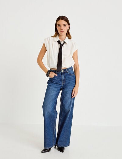 Chemise effet boule col am&eacute;ricain ecru femme