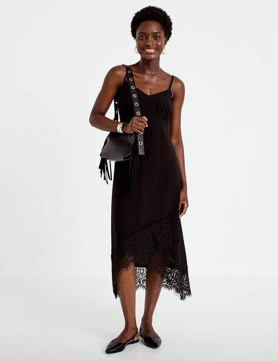 Robe droite col v en dentelle noir femme