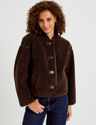 Veste effet polaire manches longues marron fonc&eacute; femme