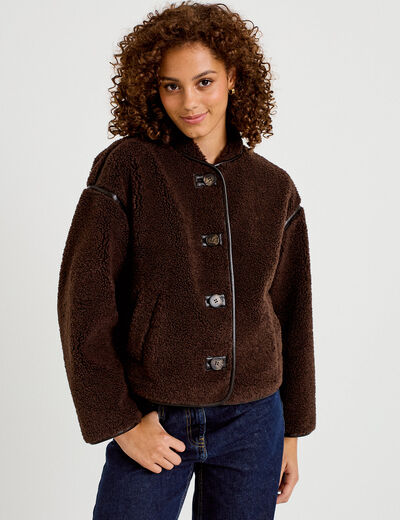 Veste effet polaire manches longues marron fonc&eacute; femme