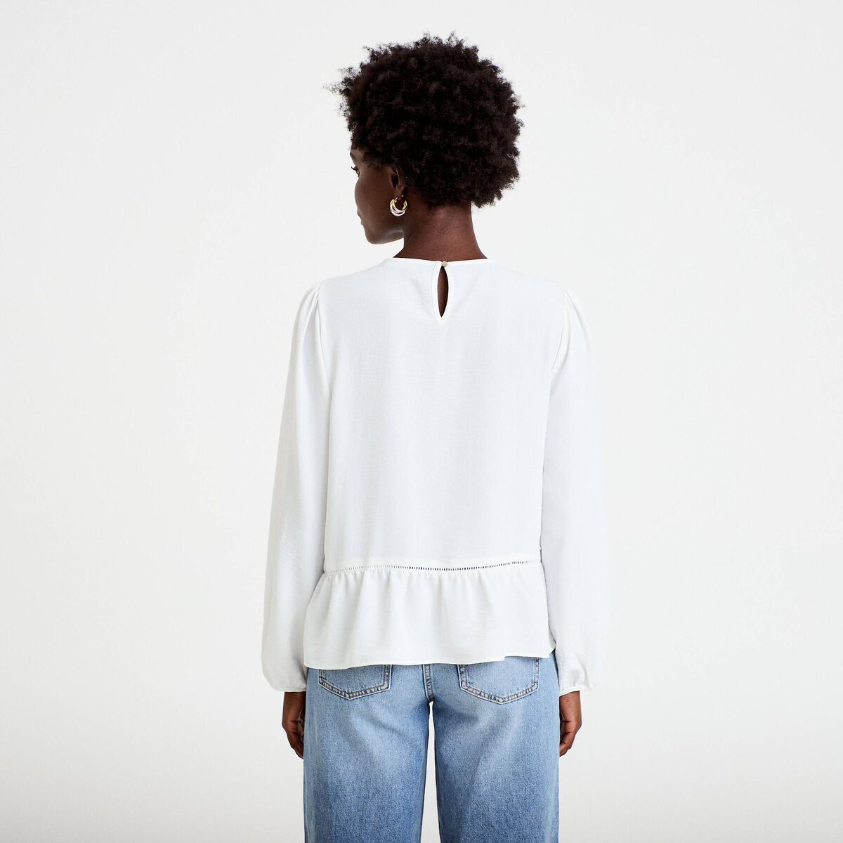 Blouse ajour&eacute;e col rond manches longues ecru femme