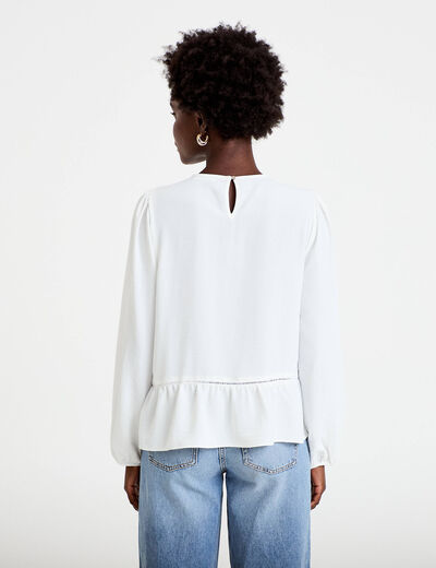 Blouse ajour&eacute;e col rond manches longues ecru femme