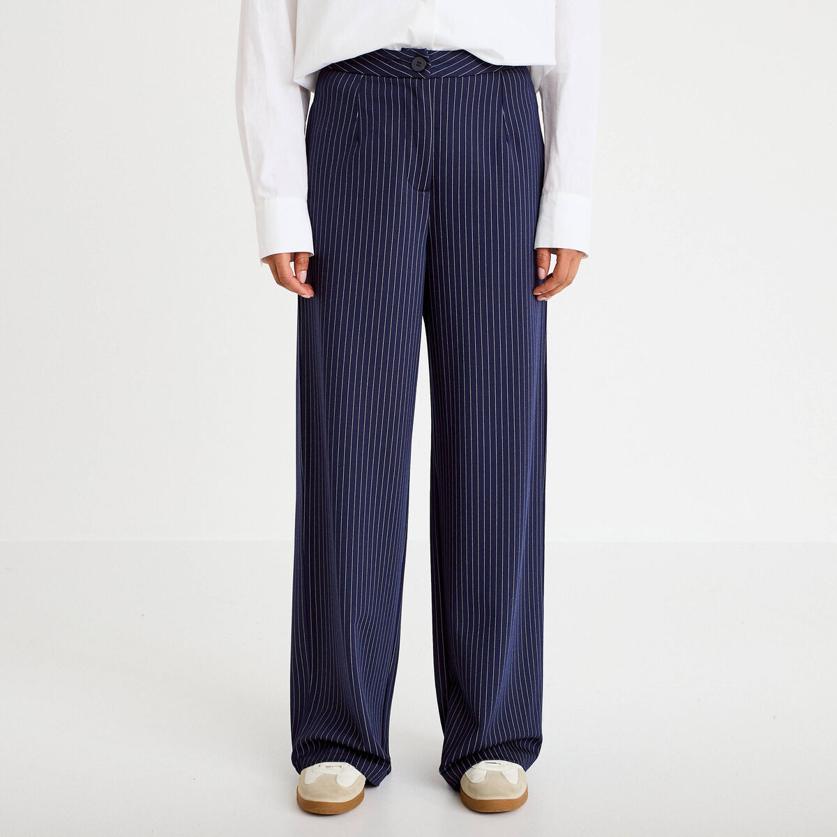 Pantalon large taille haute bleu marine femme