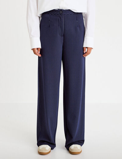 Pantalon large taille haute bleu marine femme