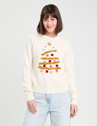 Pull pompons et guirlandes ecru femme