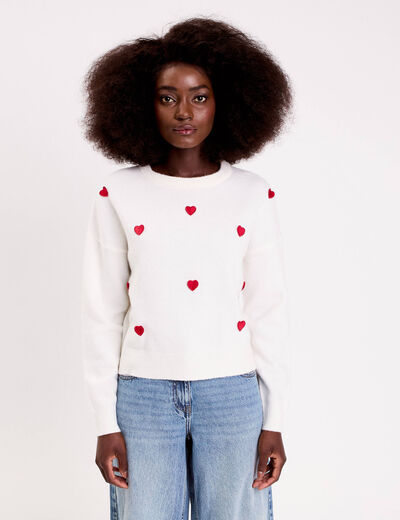 Pull &agrave; motifs coeurs ecru femme
