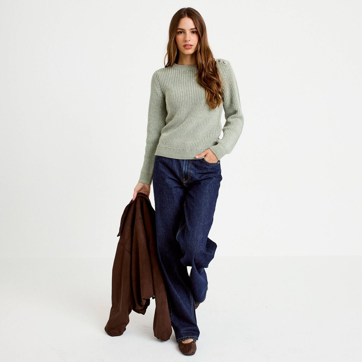 Pull manches longues brillant vert pastel femme