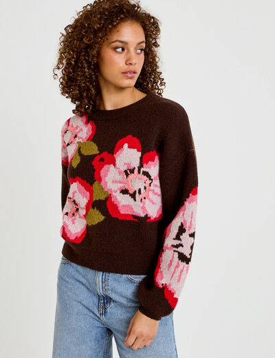 Pull ample col rond manches longues marron fonc&eacute; femme