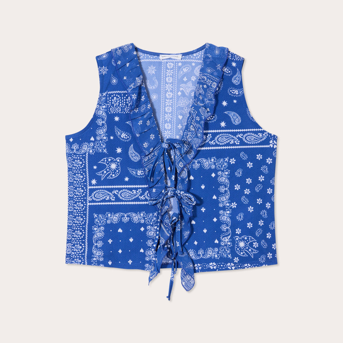 Blouse nou&eacute;e sans manches bleu femme