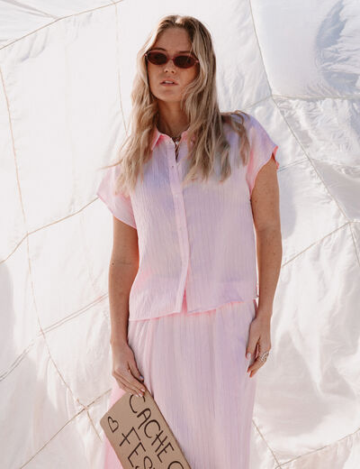 Chemise ample pliss&eacute;e manches courtes rose femme