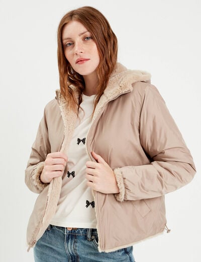 Parka r&eacute;versible &agrave; capuche beige femme
