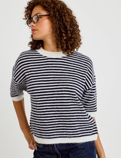 Pull ample duveteux manches courtes ecru femme