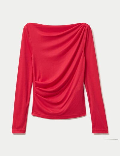 T-shirt col b&eacute;nitier manches longues rouge femme